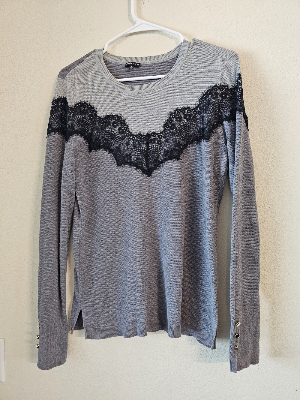 Hannah Gray Sweater with Black Lace Trim